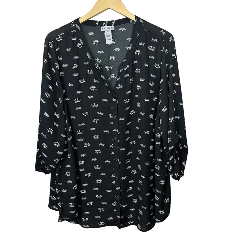Catherines 3X Tunic Blouse Crown Novelty Print Black White V Neck Button Up Top‎